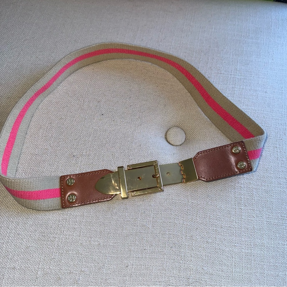 Tory Burch Hinged Gold Buckle Stretch Belt Pink Tan S - Picture 2 of 6